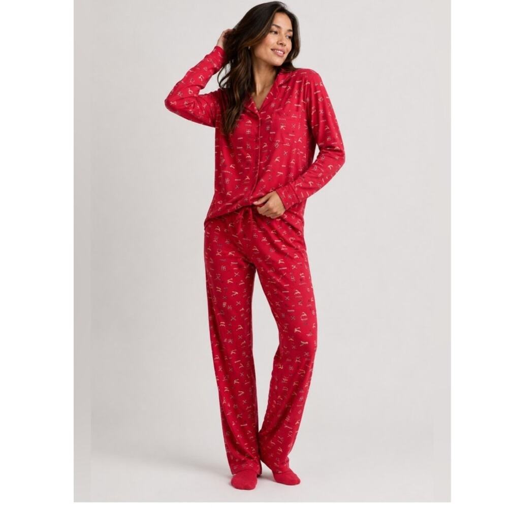 NWT Skims Red Long Sleeve Sleep Set Cranberry Reindeer Vintage Large